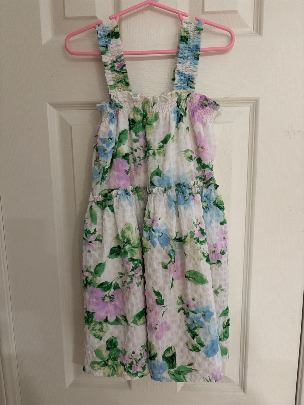 White Floral Smocked Sundress with Pastel Pink & Blue Flowers